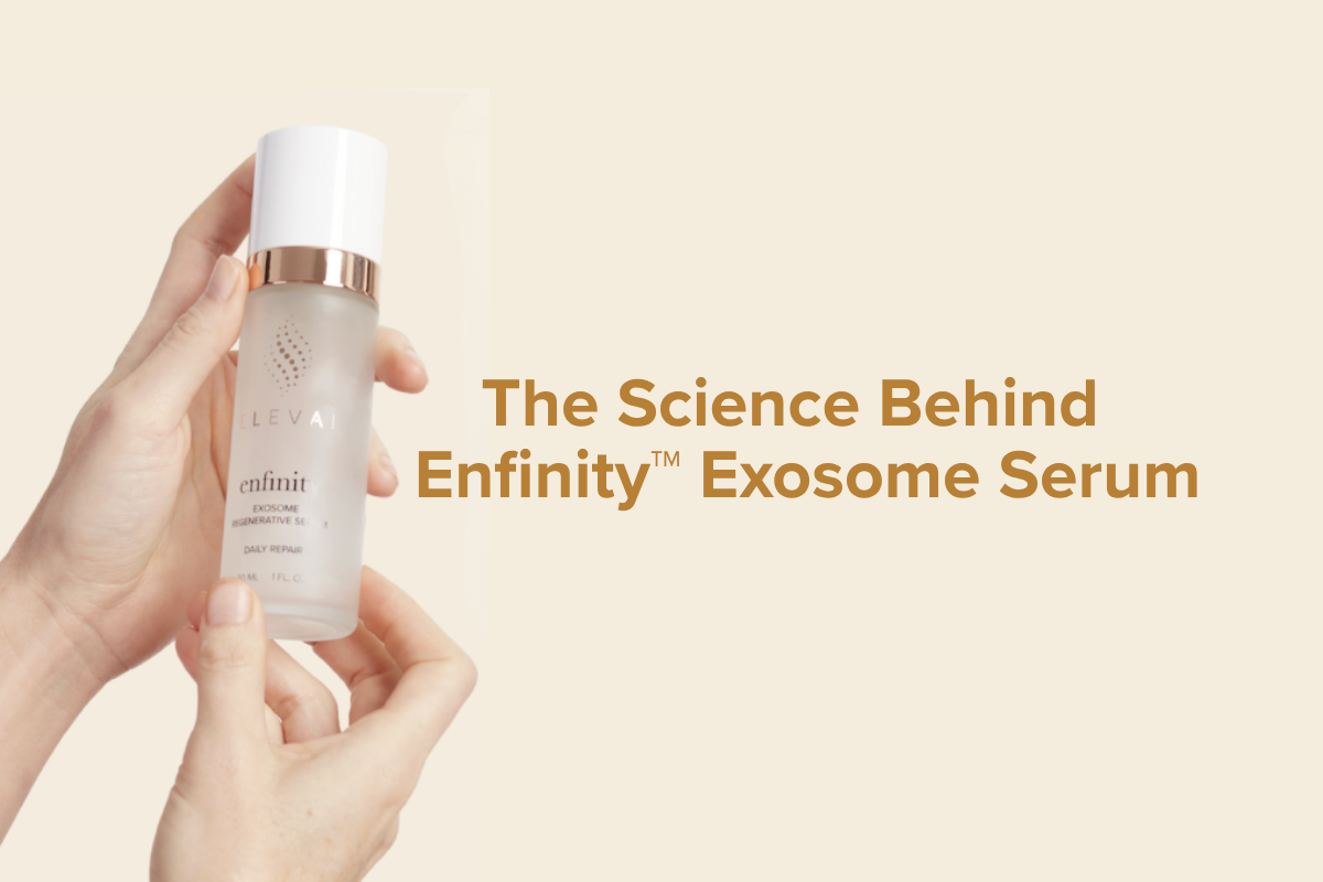 Hands holding Elevai Enfinity™ Exosome Serum bottle with text “The Science Behind Enfinity™ Exosome Serum” on a beige background.